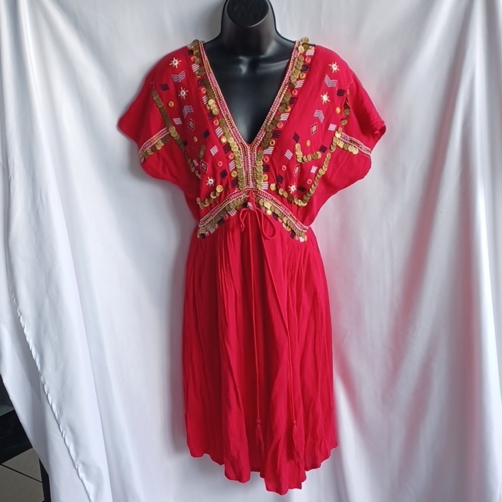 Earthbound Embroidered Red Coin Dress, 21" PTP, 16" Flat Waist, 38" Long, Jr Xl